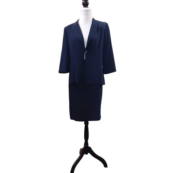 VINTAGE Dressbarn 2-Piece Skirt Top Set Navy Blue Pink Dots Large Career Dressy - Picture 13 of 14